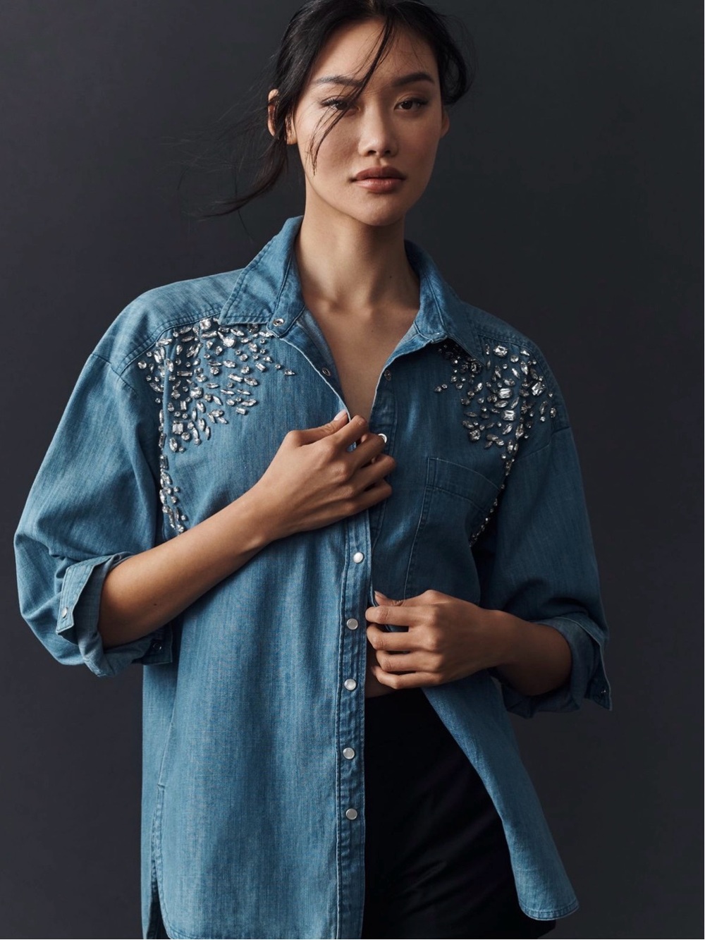 Anthropologie Pilcro Crystal-Embellished Denim button down Shirt oversized Blue